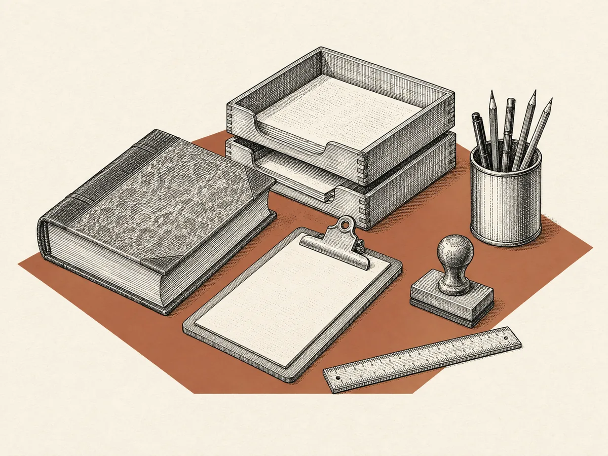 Pencil line drawing of a tidy desk with a mug, paperwork, and a laptop